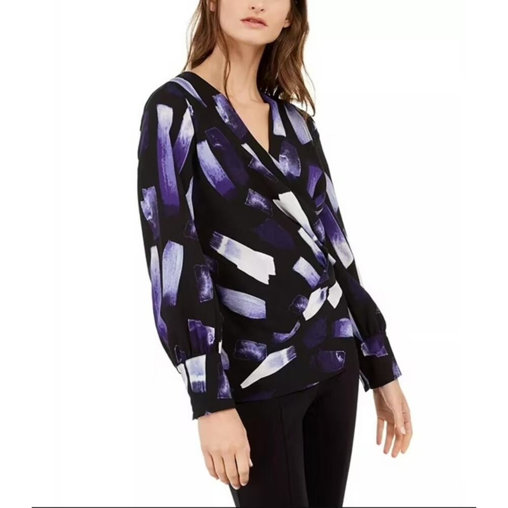 Alfani Lucky Stroke Purple Multi Long Sleeve Surplice V-Neck Blouse Small NWT